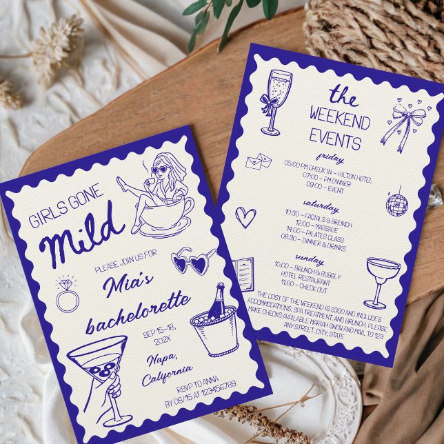 Girls Gone Milde Wellness-Center Day Bachelorette  Einladung (Girls Gone Mild Bachelorette Weekend Invitation Blue Hand Drawn Spa Day Casual Cute)