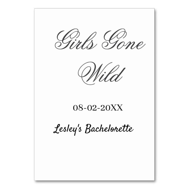 Girls Gone wild Bachelorette party name date bride Tischnummer (Vorderseite)