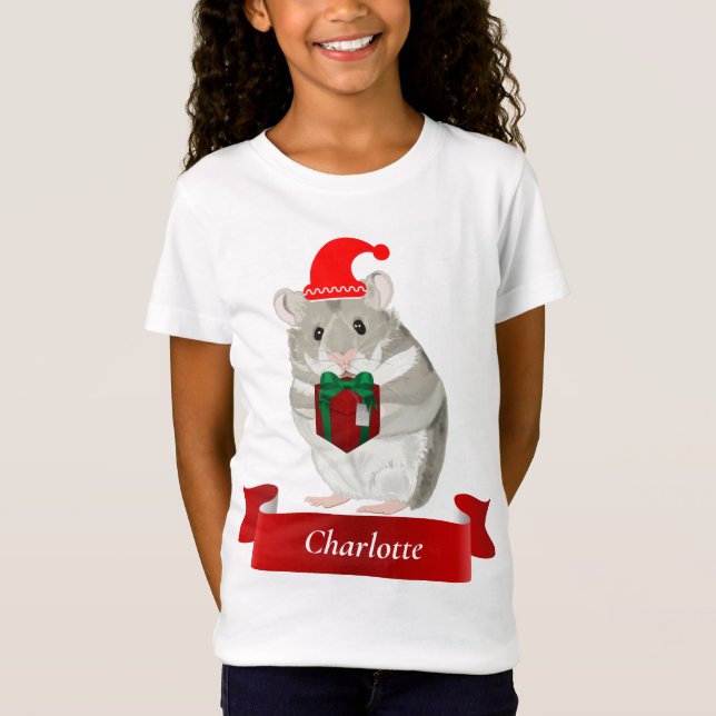Girls Gray Hamster Weihnachten T-Shirt (Vorderseite)