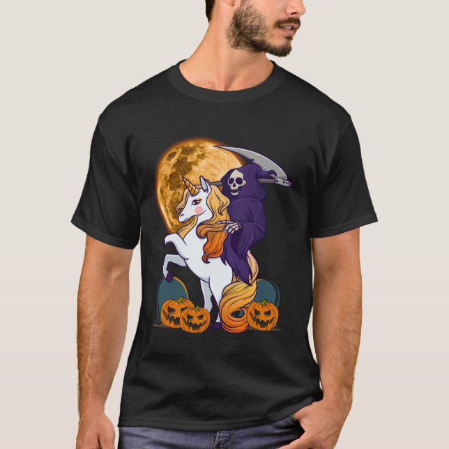 Girls Grim Reaper Riding a Unicorn Spooky Hallowee T-Shirt (Vorderseite)