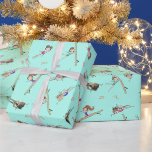 Girls Gymnastik Blaues Türkismuster Geschenkpapier