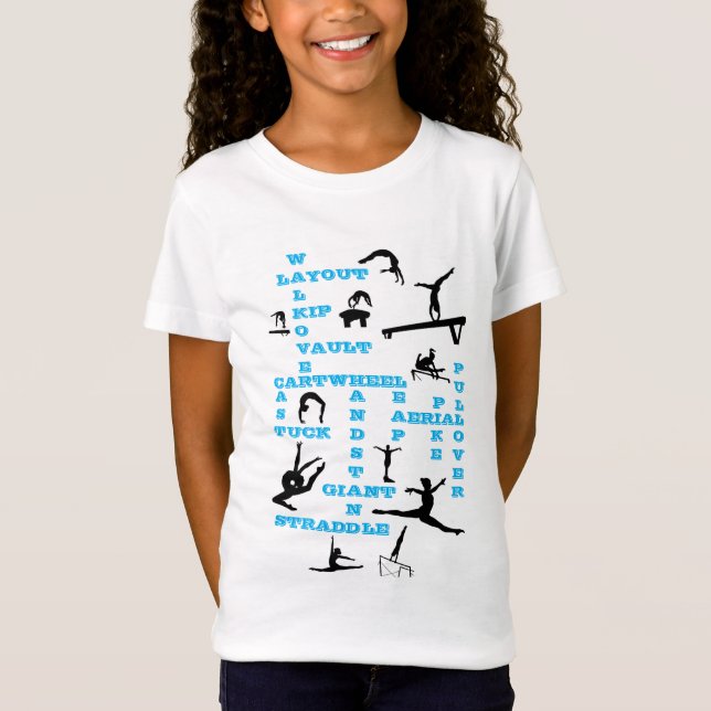 Girls Gymnastik Skills Blue Crosswords T - Shirt (Vorderseite)