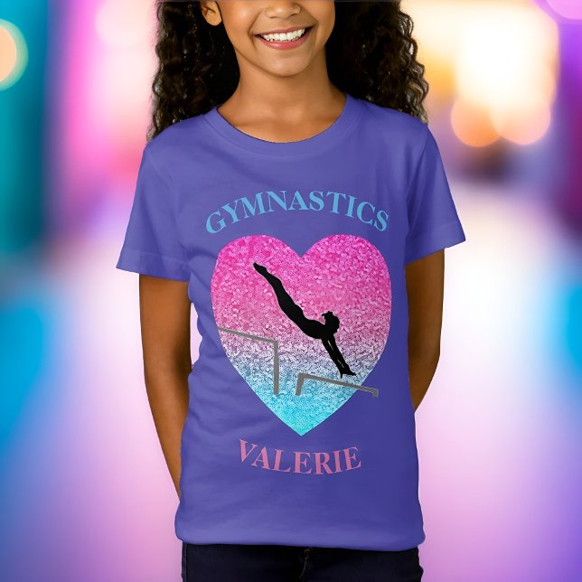 Girls Gymnastik T - Shirt für Gymnast - Ungedeckte (Girls Gymnastics Bars Tee in Pink Turquoise Purple by Glitter Leo's )