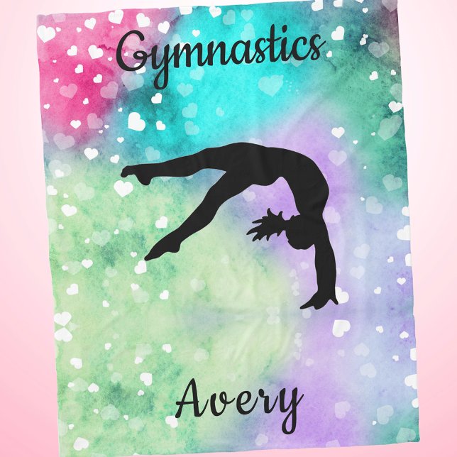 Girls Gymnastik Wasserfarbe mit schwebenden Herzen Fleecedecke (Floating Hearts Rainbow Pastel Gymnastics Tumbling Blanket with Name)