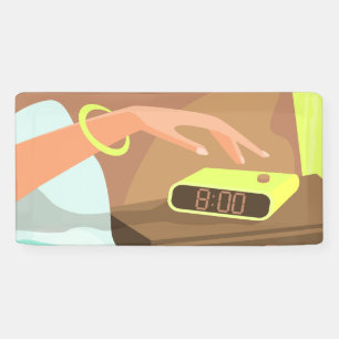 Girls hand pushing on alarm clock snooze button banner