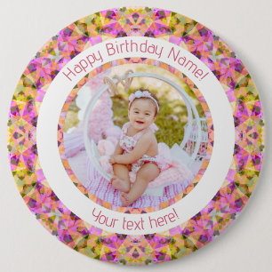 Girls Happy Birthday Summer Pink Star Custom Age Button