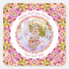 Girls Happy Birthday Summer Pink Star Custom Age Quadratischer Aufkleber