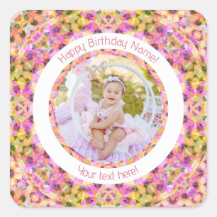 Girls Happy Birthday Summer Pink Star Custom Age Quadratischer Aufkleber