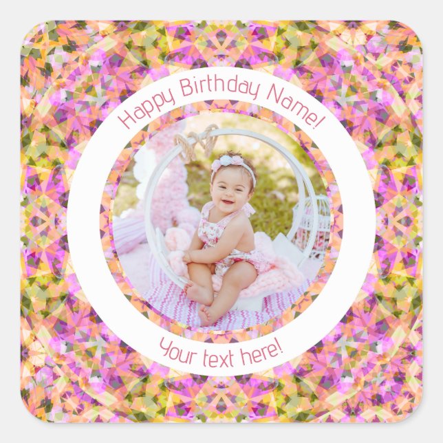 Girls Happy Birthday Summer Pink Star Custom Age Quadratischer Aufkleber (Vorderseite)