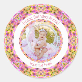 Girls Happy Birthday Summer Pink Star Custom Age Runder Aufkleber
