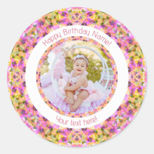 Girls Happy Birthday Summer Pink Star Custom Age Runder Aufkleber