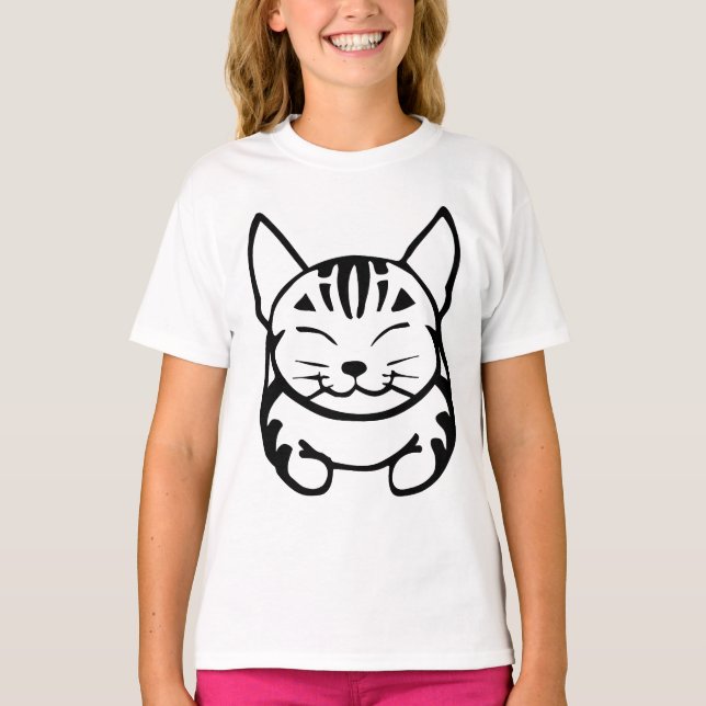 Girls Happy Cat T - Shirt (schwarzer Tabby) (Vorderseite)