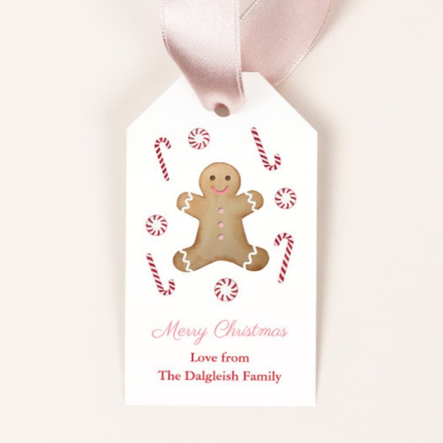Girls Holidays Gingerbread Man Peppermint Candy Geschenkanhänger (Pink and red gingerbread man and peppermint candies merry christmas gift tags)