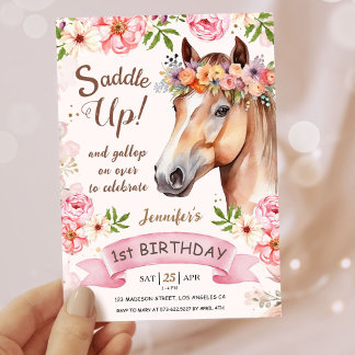 Girls Horse 1. Geburtstag Blumensattel Up! Einladung