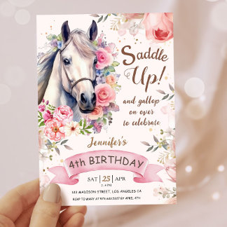 Girls Horse 4. Geburtstag Bloom Blume satteln! Einladung