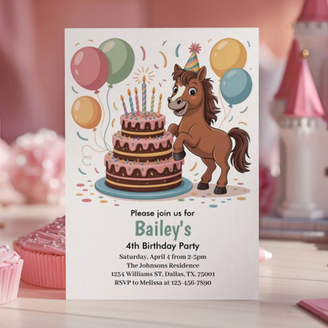 Girls Horse 4. Geburtstag Party Einladung (Von Creator hochgeladen)