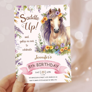 Girls Horse 8. Geburtstag Lila Blumensattel Up Einladung