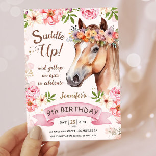 Girls Horse 9. Geburtstag floraler Sattel Up! Einladung