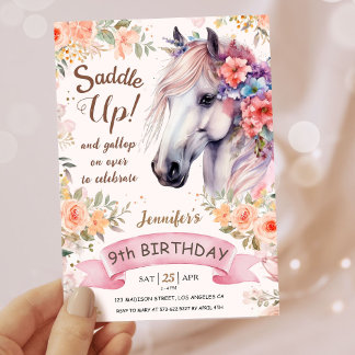 Girls Horse 9. Geburtstag Pink Blume Sattel Up! Einladung