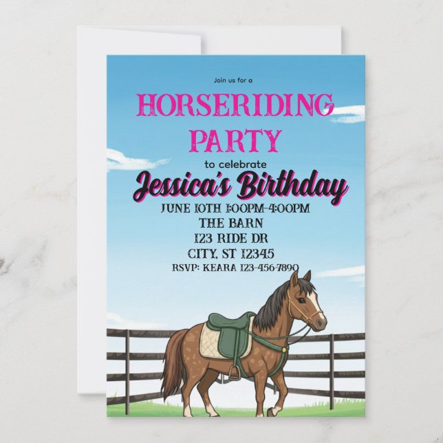 Girl's Horse Riding Birthday Party Einladung (Vorderseite)