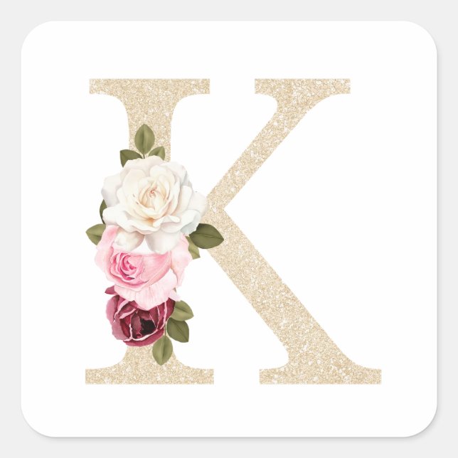 Girls Imitate Gold Glitzer Floral Letter K Monogra Quadratischer Aufkleber (Vorderseite)