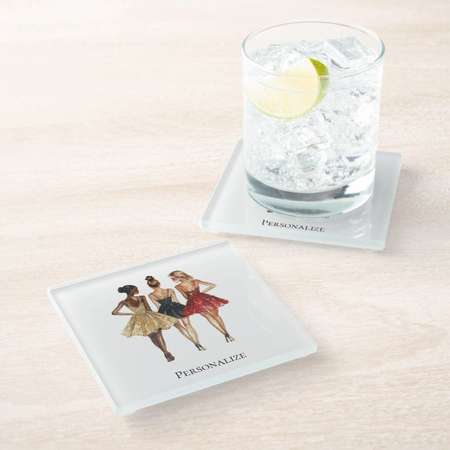 Girls in Glam Gold Black Red Dresses Glasuntersetzer (Schrägansicht)