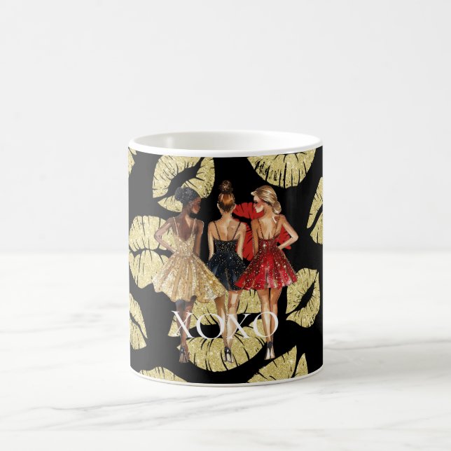 Girls in Glam Gold Black Red Dresses Lips Kiss Kaffeetasse (Mittel)