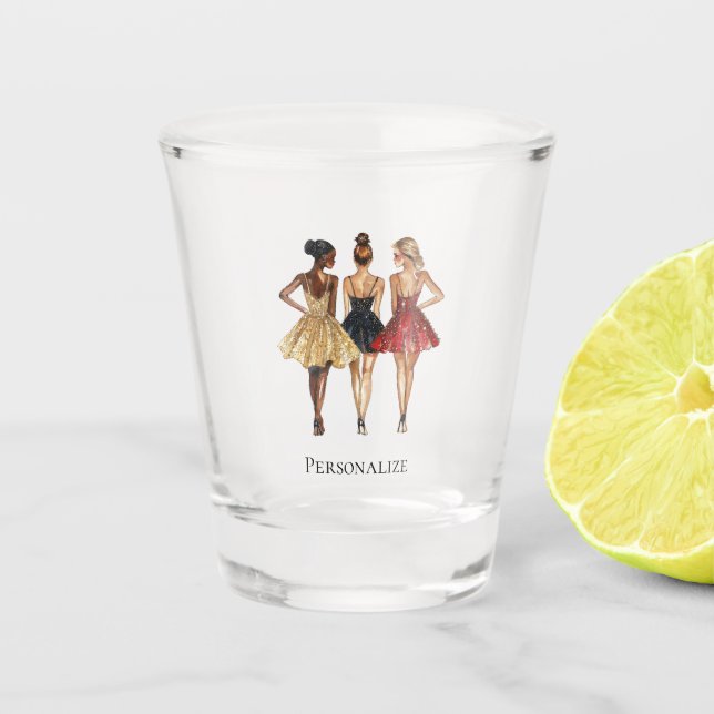 Girls in Glam Gold Black Red Dresses Schnapsglas (Vorderseite)