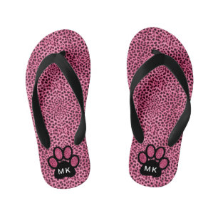 Girls Initials on Pink Cheetah Cat Paw Print Kinderbadesandalen