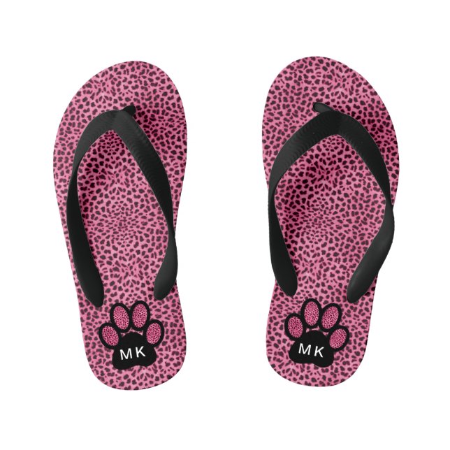 Girls Initials on Pink Cheetah Cat Paw Print Kinderbadesandalen (Fußbett)