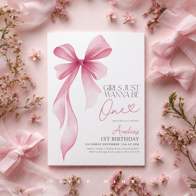 Girls just wanna be ONE! 1st Birthday Pink Bow Einladung (Girl's just wanna be one! Pink Bow 1st birthday party invitation)