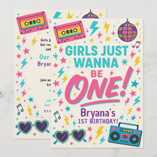Girls just wanna be ONE Pop 1st Birthday Party Einladung (Vorne/Hinten)