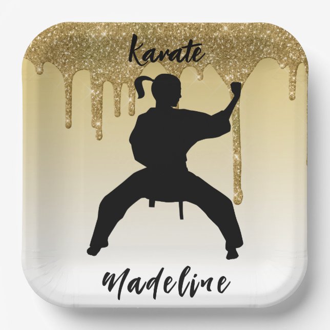Girls Karate Stance Gold Glitzer Tropfen Ombre Pappteller (Vorderseite)