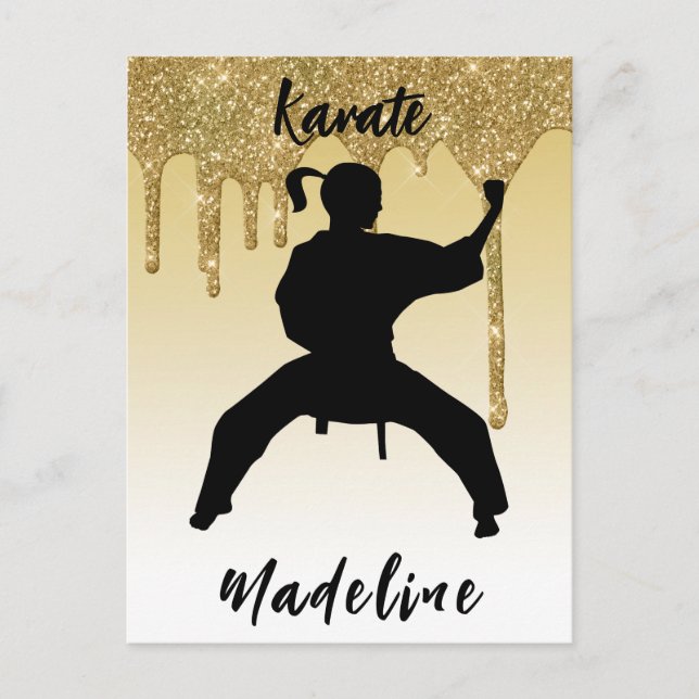 Girls Karate Stance Gold Glitzer Tropfen Ombre Postkarte (Vorderseite)