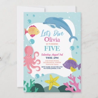 Girls Let's Dive Five 5. Ocean Pink Dolphin Sea Einladung