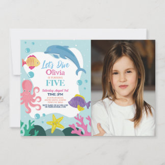 Girls Let's Dive Five 5. Pink Dolphin Sea Foto Einladung