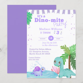 Girls Lila Dinosaur 3. Geburtstags-Party Einladung