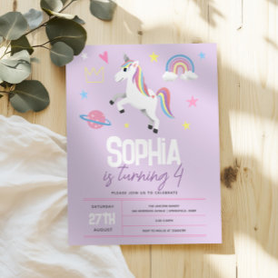 Girls Lila Girly Unicorn Kinder 4. Geburtstag Einladung