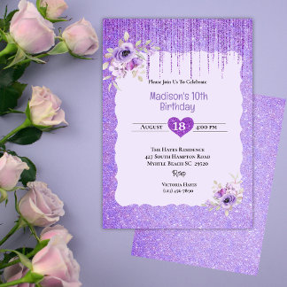 Girls Lila Glitzer Floral 10. Geburtstagsparty Einladung