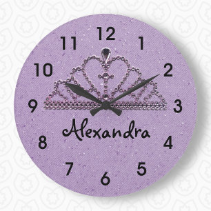Girls Lila Tiara-Prinzessin-Wall-Uhr Große Wanduhr