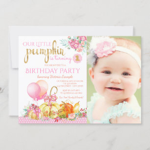 Girls Little Pumpkin Foto Erste Geburtstagsparty Einladung