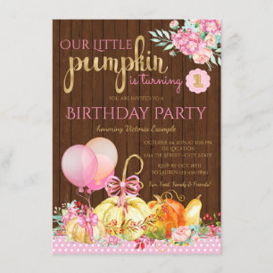 Girls Little Pumpkin Rustic Wood 1. Geburtstag Einladung