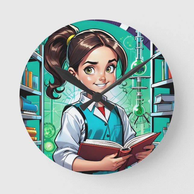 Girls Love Science! Runde Wanduhr (Vorderseite)