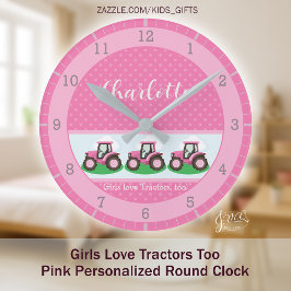 Girls Love Tractors Pink Personalized Farm Design Runde Wanduhr