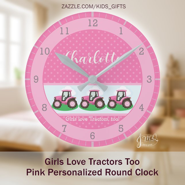 Girls Love Tractors Pink Personalized Farm Design Runde Wanduhr (Girls love tractors too with this cute pink farm design and personalized name detail)