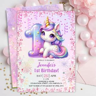 Girls Magical Unicorn 1. Geburtstag Party Einladung