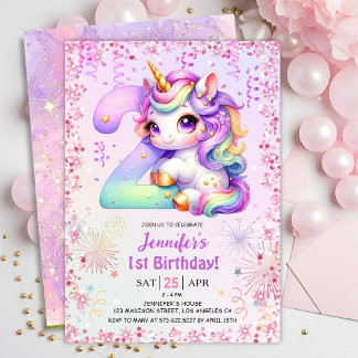 Girls Magical Unicorn 2. Geburtstag Party Einladung