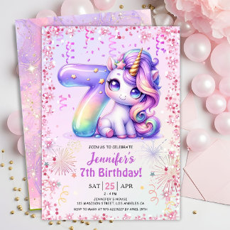 Girls Magical Unicorn 7. Geburtstagsparty Einladung