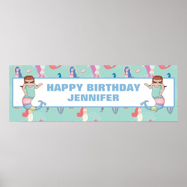 Girls Mermaid Geburtstag Personalisiert Poster (Vorne)