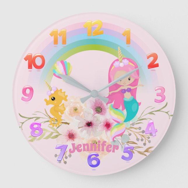 Girls Mermaid Unicorn Princess Kinderzimmer Clock  Große Wanduhr (Vorderseite)